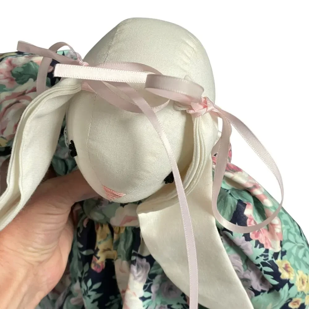 Vintage Cloth Bunny Rabbit Doll Primitive Country Calico Floral Dress 80's 90's